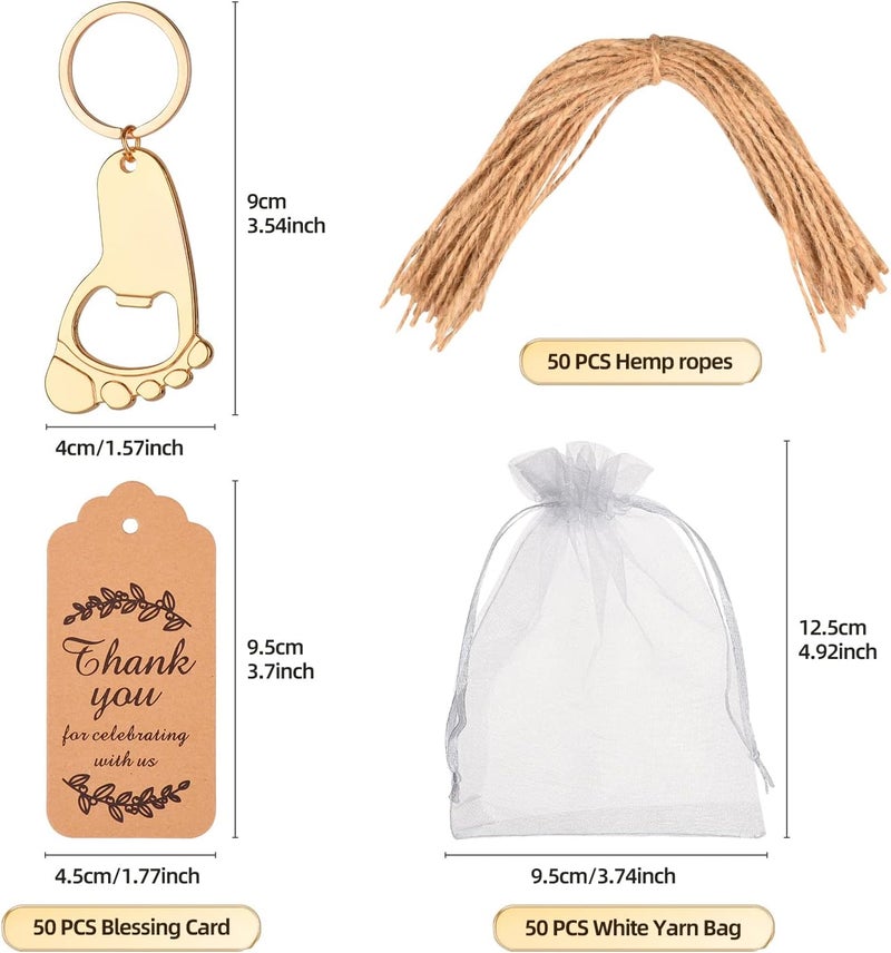 KaGrbves 50 Pieces Footprint Bottle Opener Baby Shower Favors for Guest with Key chain and Organza Bags Tags (gold) - Image 2